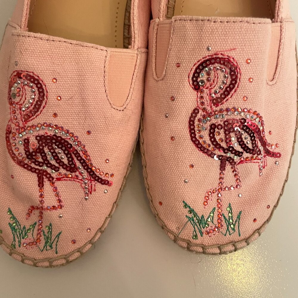 Quacker Factory Shoes Pink Flamingos Espadrille Flats Sequin Dalya size 8 1/2 M - Picture 2 of 5